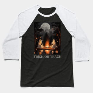 Trick Or Teach Ghost Books Reading Tarot Teachers Halloween Baseball T-Shirt